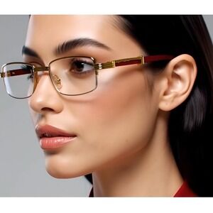 Gold Frame Glasses Wood Temple Rectangular Eyeglasses Women Rimless Lentes Gafas